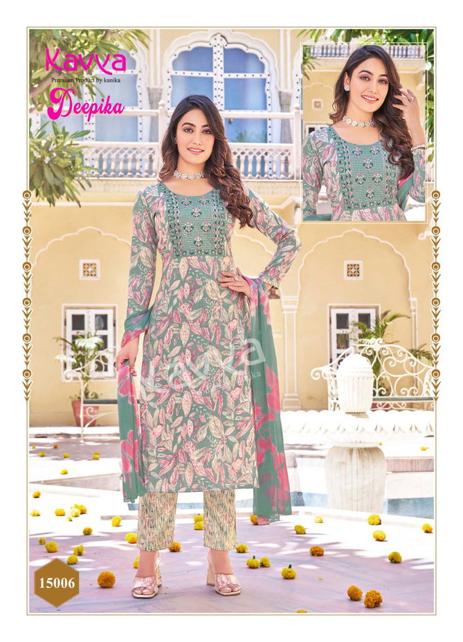 Deepika Vol 15 By Kavya Straight Cut Embroidery Kurti With Bottom Dupatta Wholesale Price In Surat
